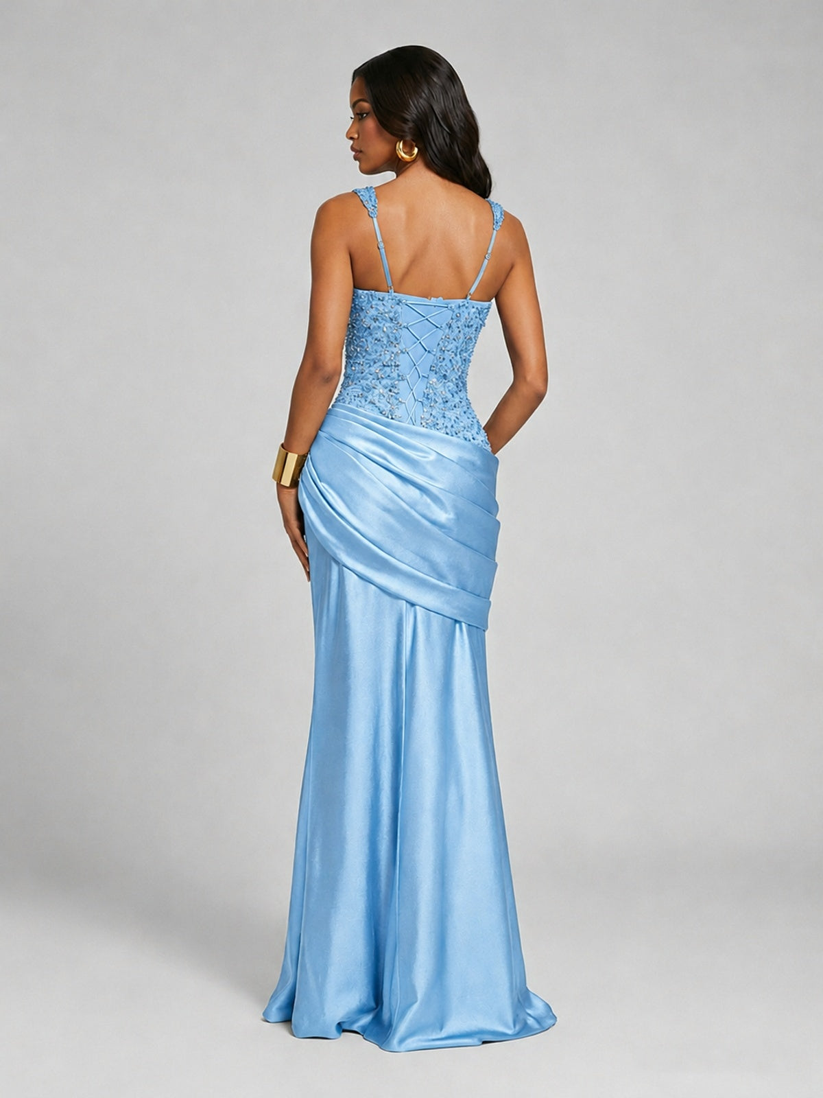 Scoop Neck Sequin Prom Dress with High Slit Satin Formal Gowns