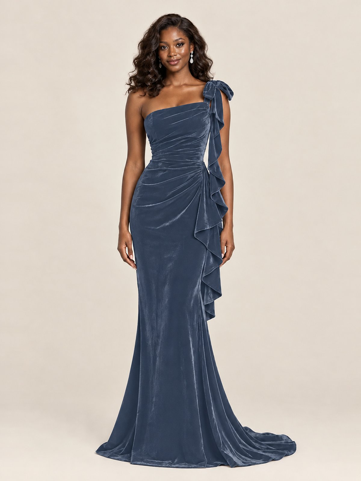 Black Velvet One-Shoulder Mermaid Evening Gown with Bow & Ruffles