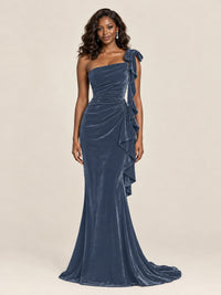 Black Velvet One-Shoulder Mermaid Evening Gown with Bow & Ruffles