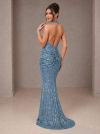 Gold Halter Sequin Mermaid Ruched Prom Dress Long Ruched Evening Gown