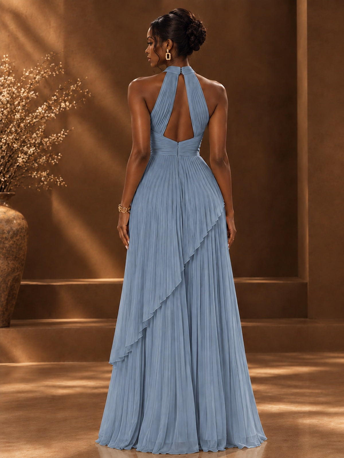 Wrap Pleated Prom Dress Halter A-line Chiffon Formal Wedding Dress