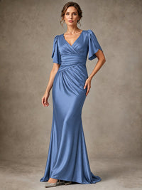 V-Neck Satin Mother of the Bride Dress with Flutter Sleeves