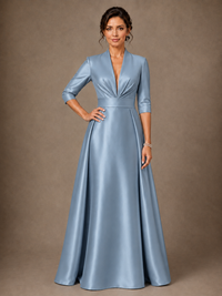 V-Neck Pleated Satin Mother of the Bride Gown with 3/4 Sleeves