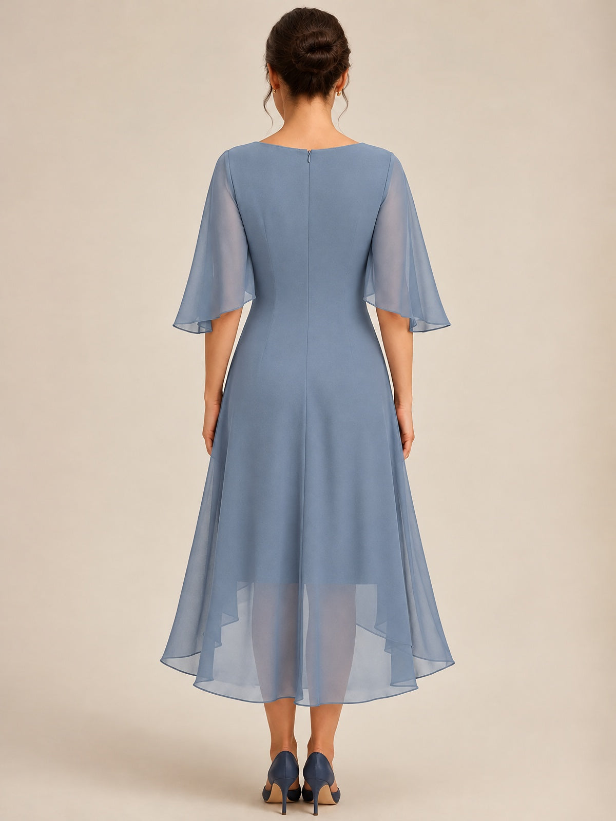 Cowl Neck Ruched Chiffon Mother of the Bride Dresses with Flutter Sleeves