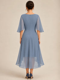 Cowl Neck Ruched Chiffon Mother of the Bride Dresses with Flutter Sleeves