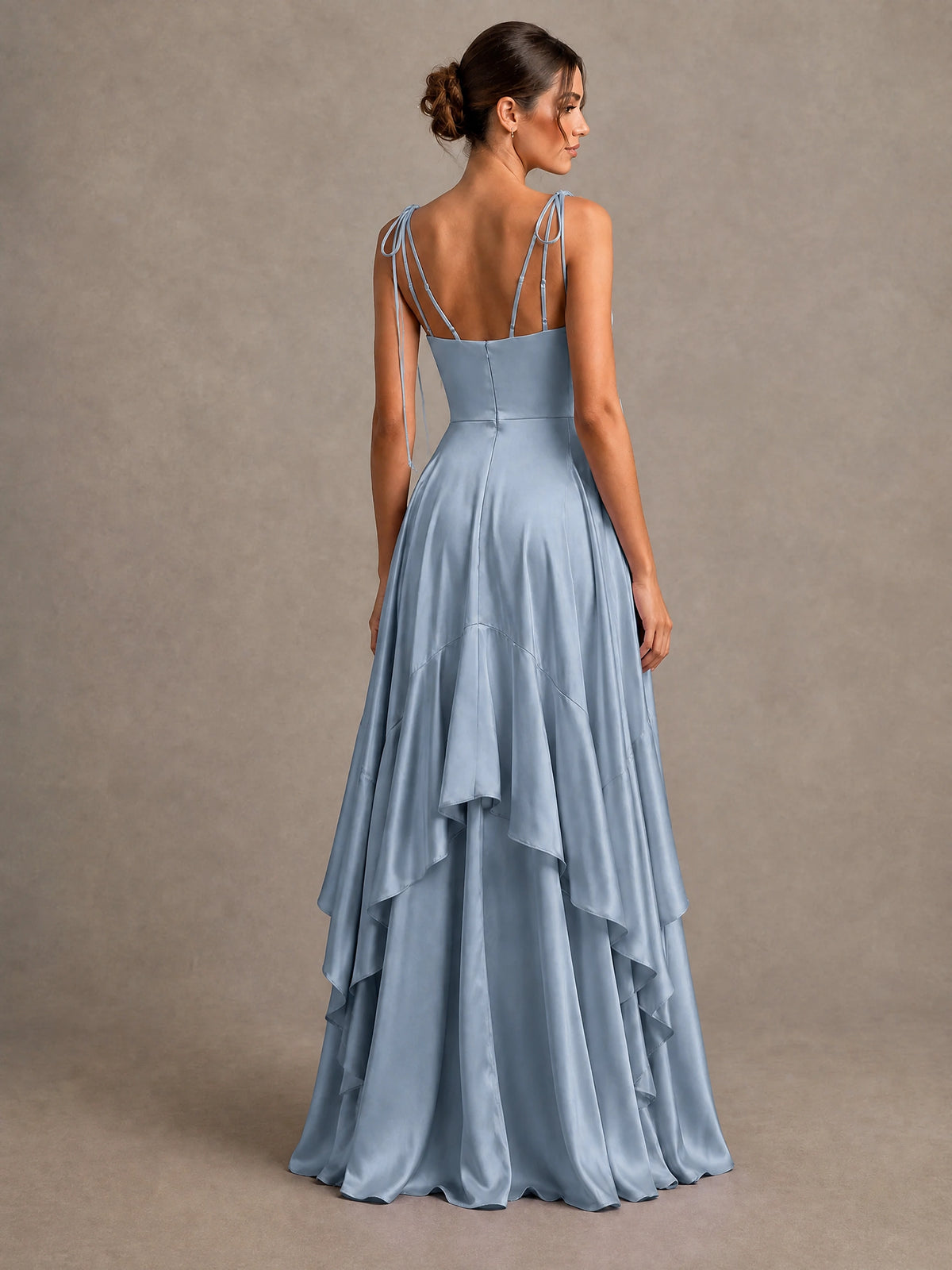 Lavender Satin V-Neck Ruffle Maxi Dress