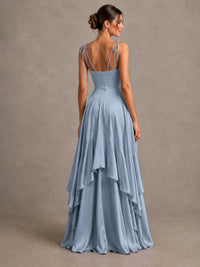 Lavender Satin V-Neck Ruffle Maxi Dress