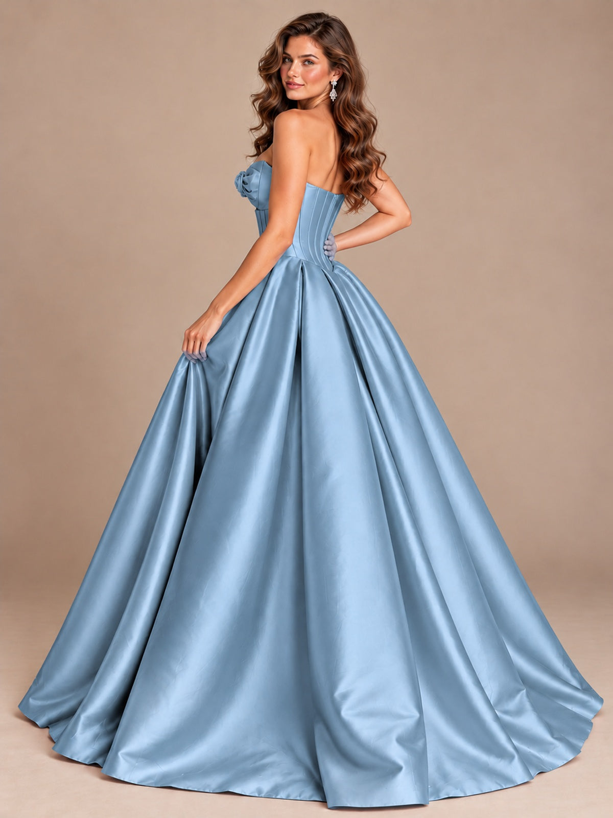 Pink Strapless Corset Satin Prom Derss & Ball Gown with 3D Floral