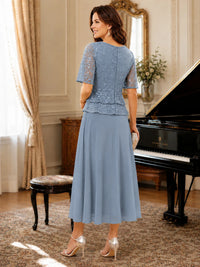 Tea-Length Chiffon Mother of the Bride Dress with Sequin Lace Sleeves