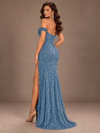 Off the Shoulder Corset Sequin Mermaid Prom Dress with Slit