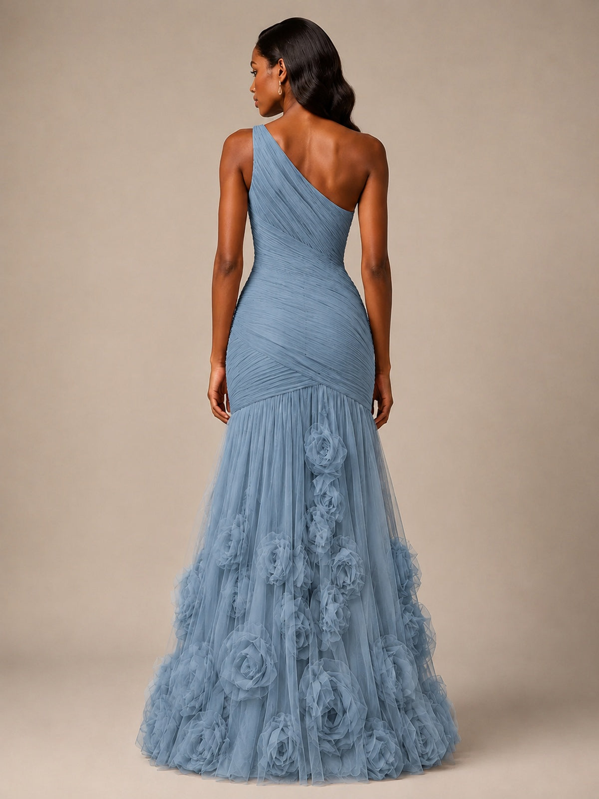 Blush Pink One Shoulder 3D Floral Mermaid Prom Dress