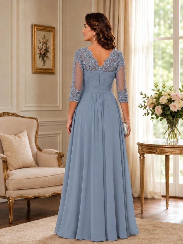 Chiffon Lace Applique Mother of the Bride Dress with 3/4 Sleeves