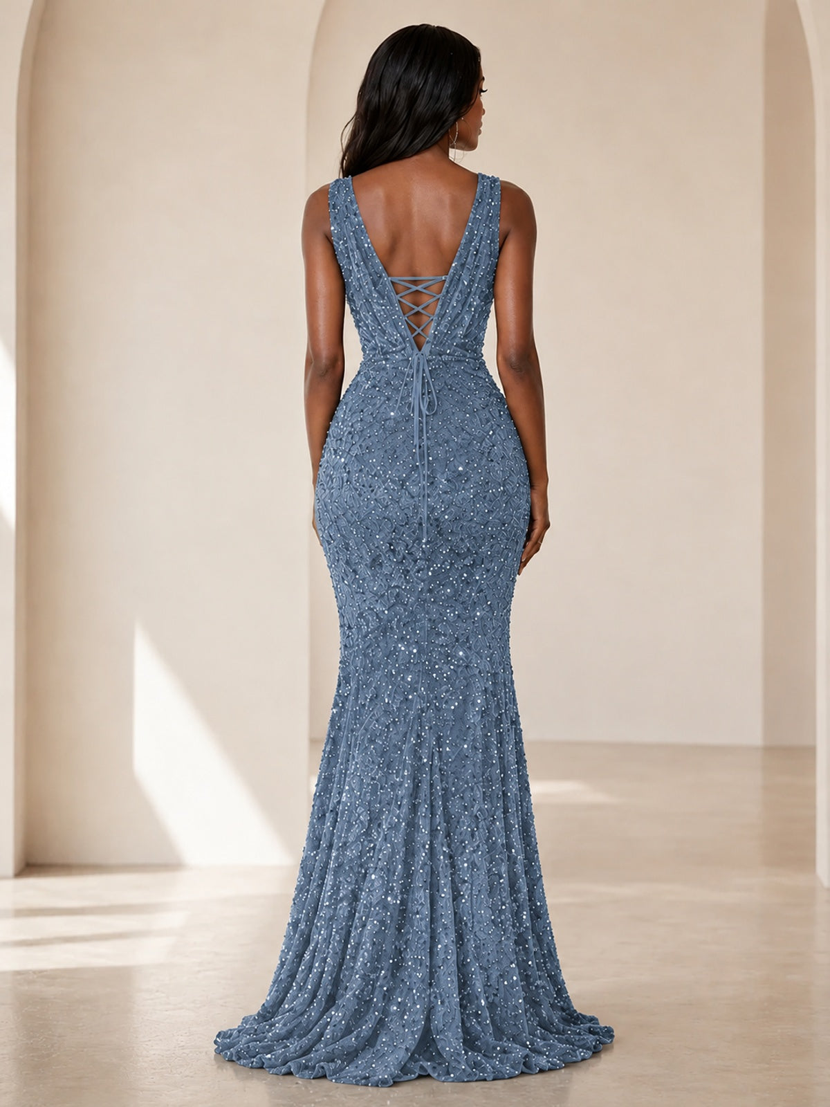 Sequin Mermaid Prom Dress with V-Neck and Ruched Waist