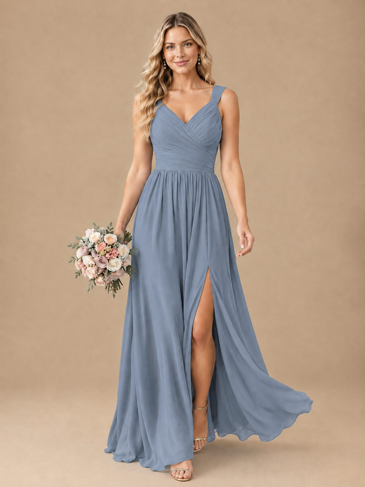 Pleated Chiffon V Neck Wedding Bridesmaid Dresses Floor Length with Slit