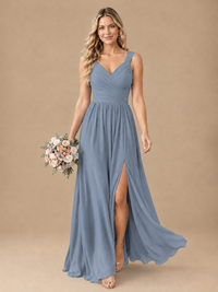Pleated Chiffon V Neck Wedding Bridesmaid Dresses Floor Length with Slit