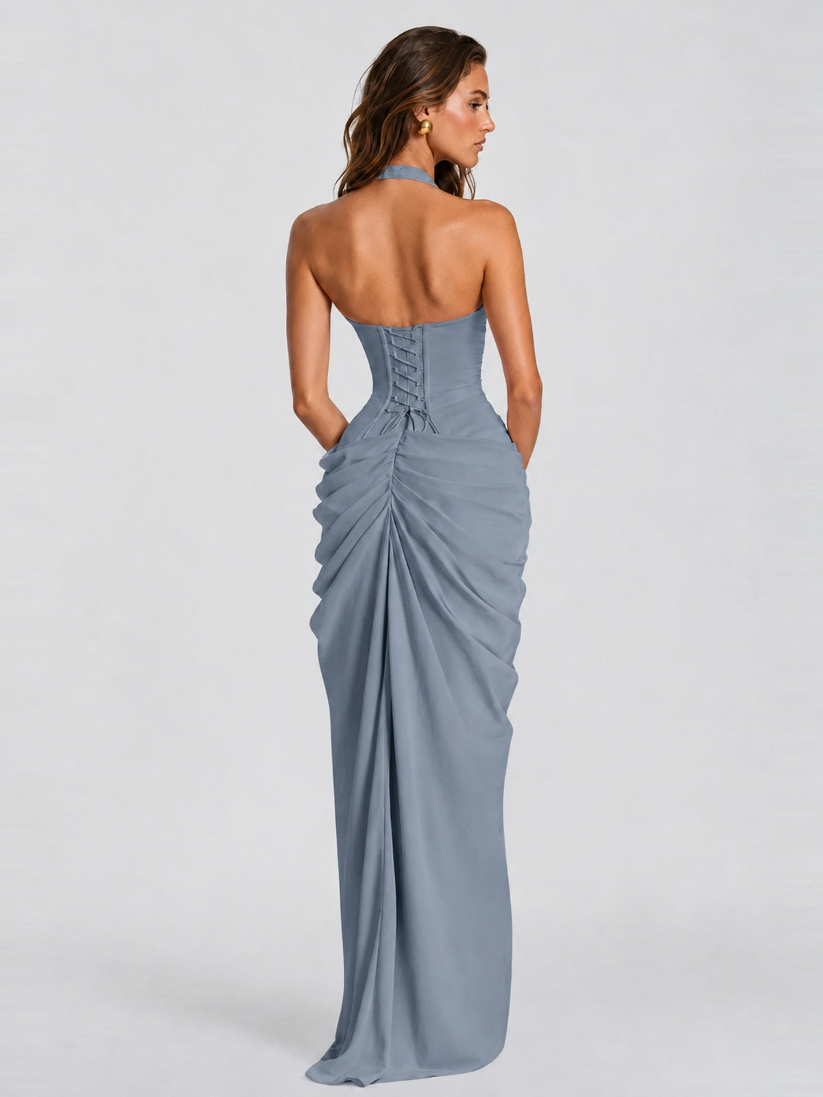 Ruched Halter Neck High-Slit Prom & Evening Dress