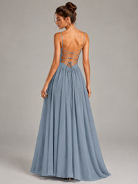 Spaghetti Strap Ruched Chiffon Maxi Dress with Backless