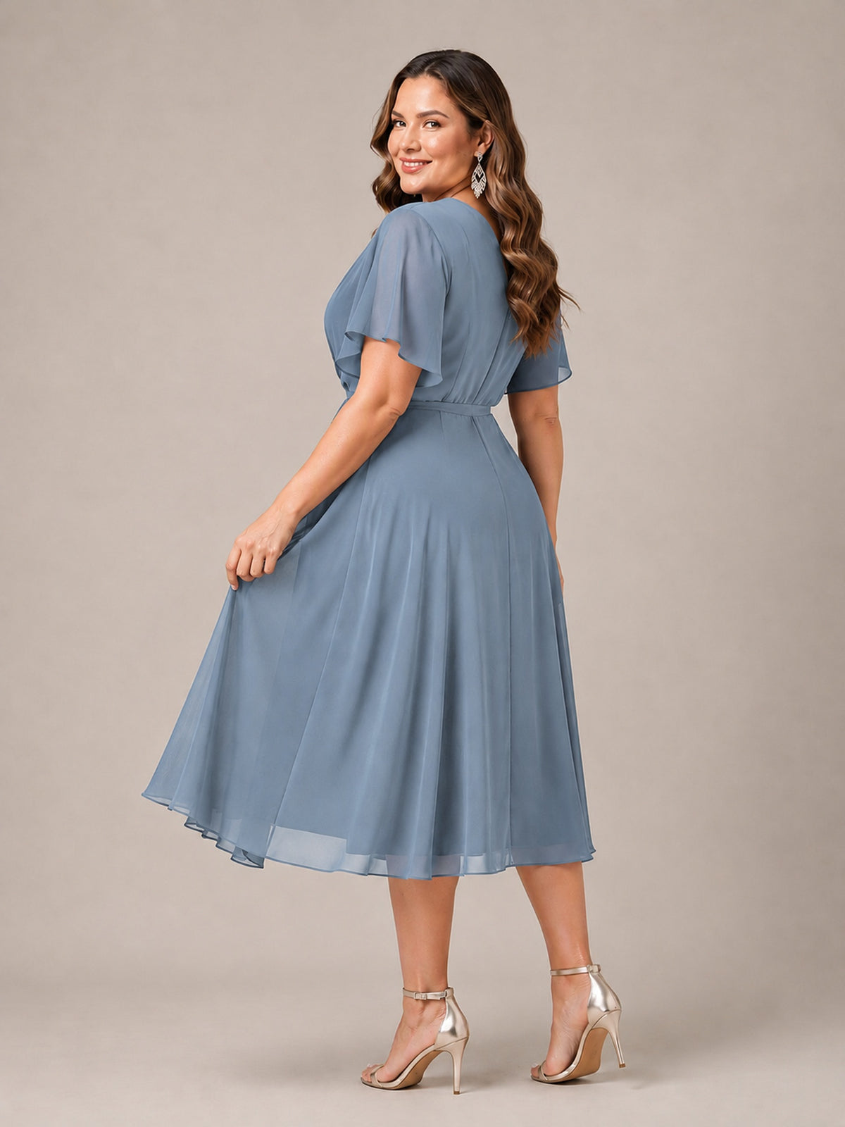 Navy Blue A-Line V-Neck Tea-Length Mother of the Bride Dress