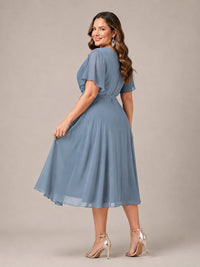 Navy Blue A-Line V-Neck Tea-Length Mother of the Bride Dress