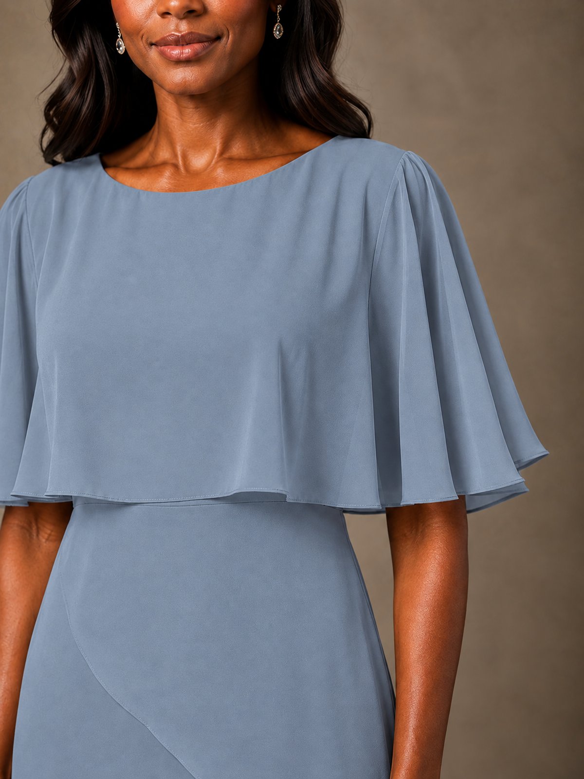 Taupe Chiffon A-Line Mother of the Bride Dress with Cape Sleeves