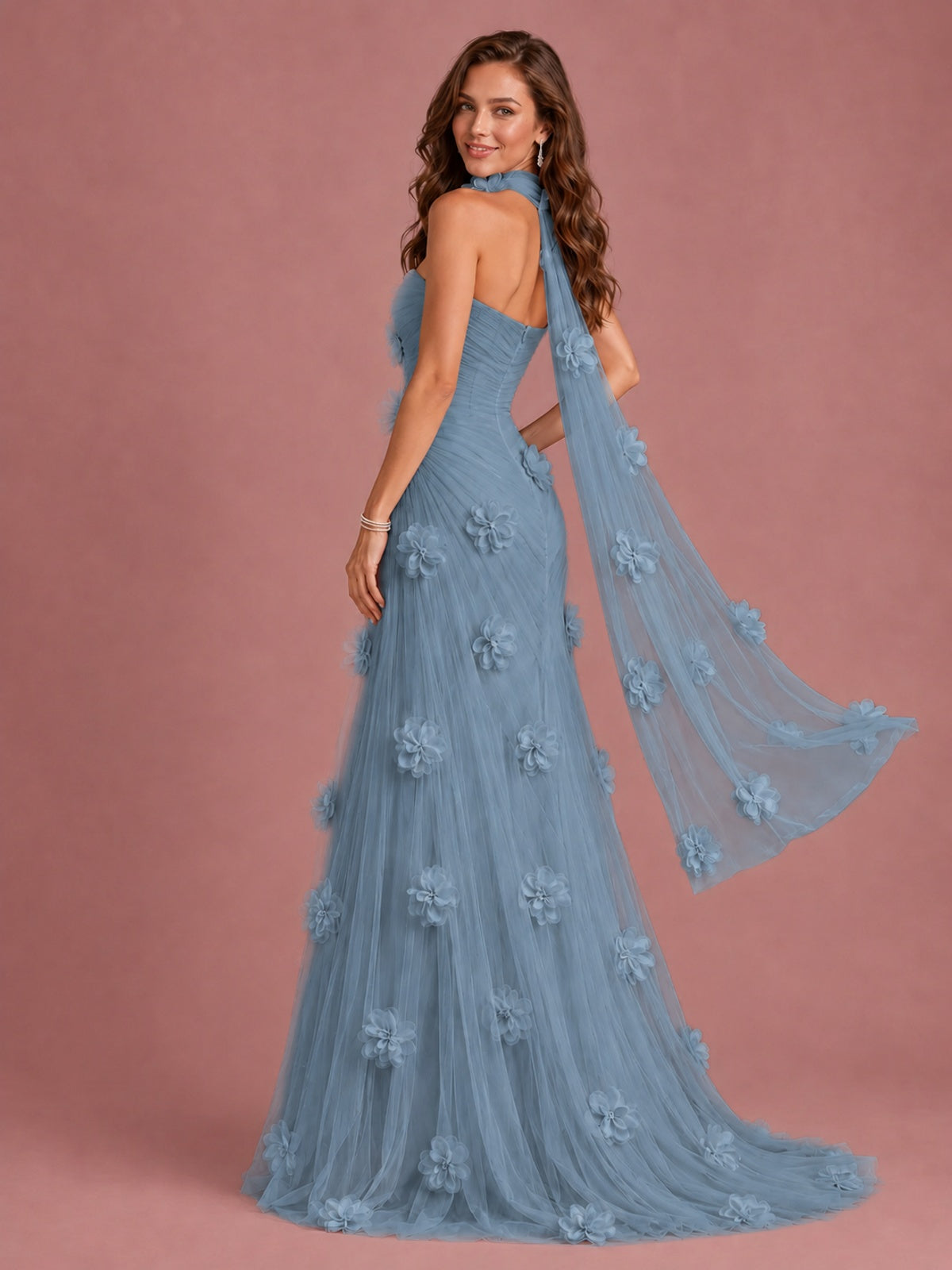 Blush Pink Strapless Sweetheart 3D Floral Tulle Mermaid Prom Dress