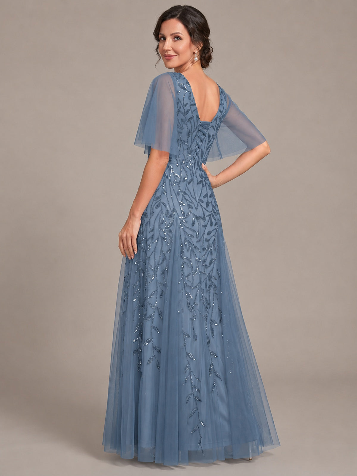 V-Neck Sequin Tulle Mother of the Bride Dress with Flutter Sleeve