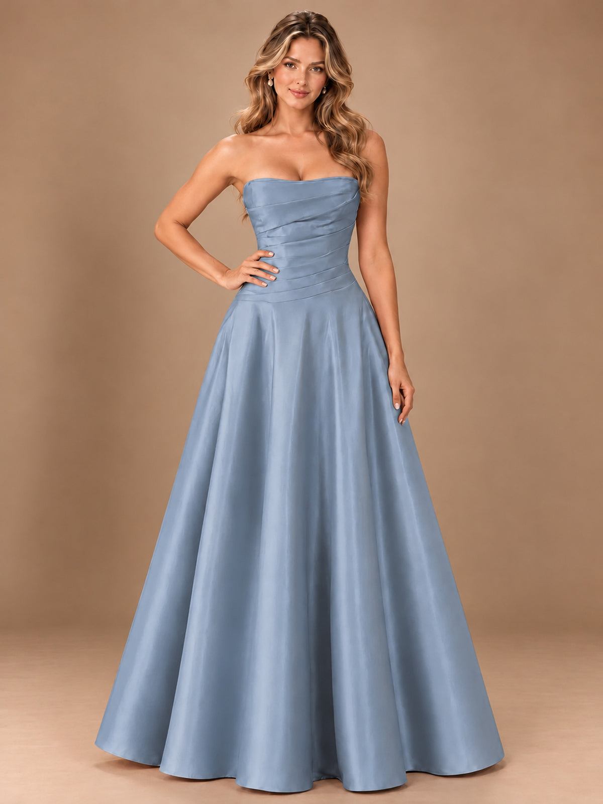 Blush Pink Strapless Satin A-Line Prom Dress with Ruched Bodice