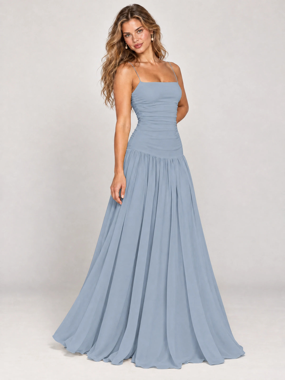 Butter Yellow Ruched Spaghetti Strap Drop-Waist Prom Dress