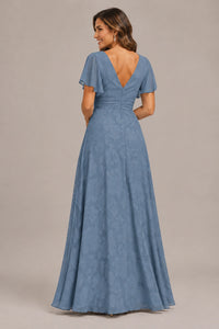 Jovellee Floral Chiffon A-Line Mother of the Bride Dress with Flutter Sleeves