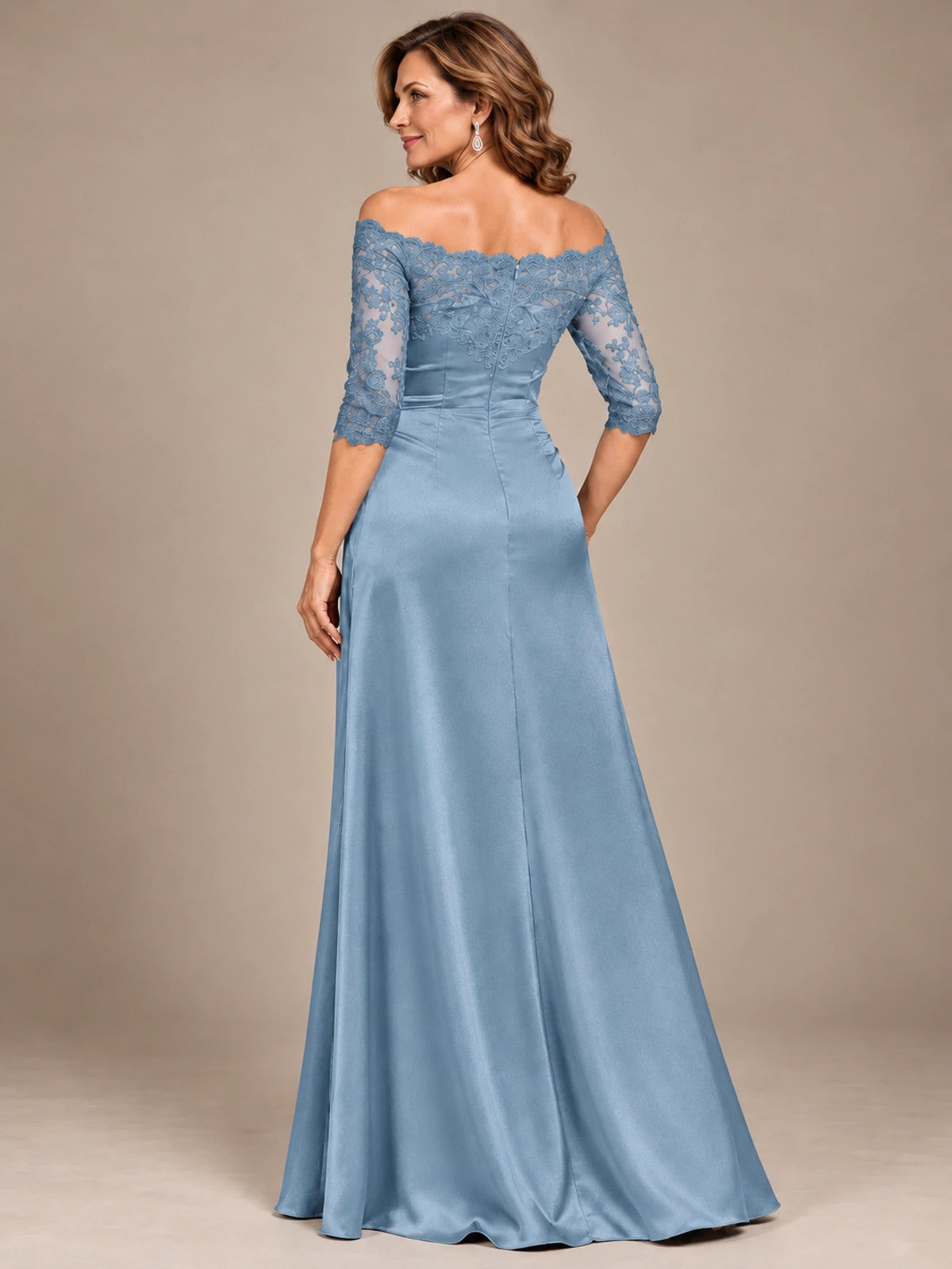 Satin Mother of the Bride Dress with Lace Sleeves Off Shoulder Formal Gown