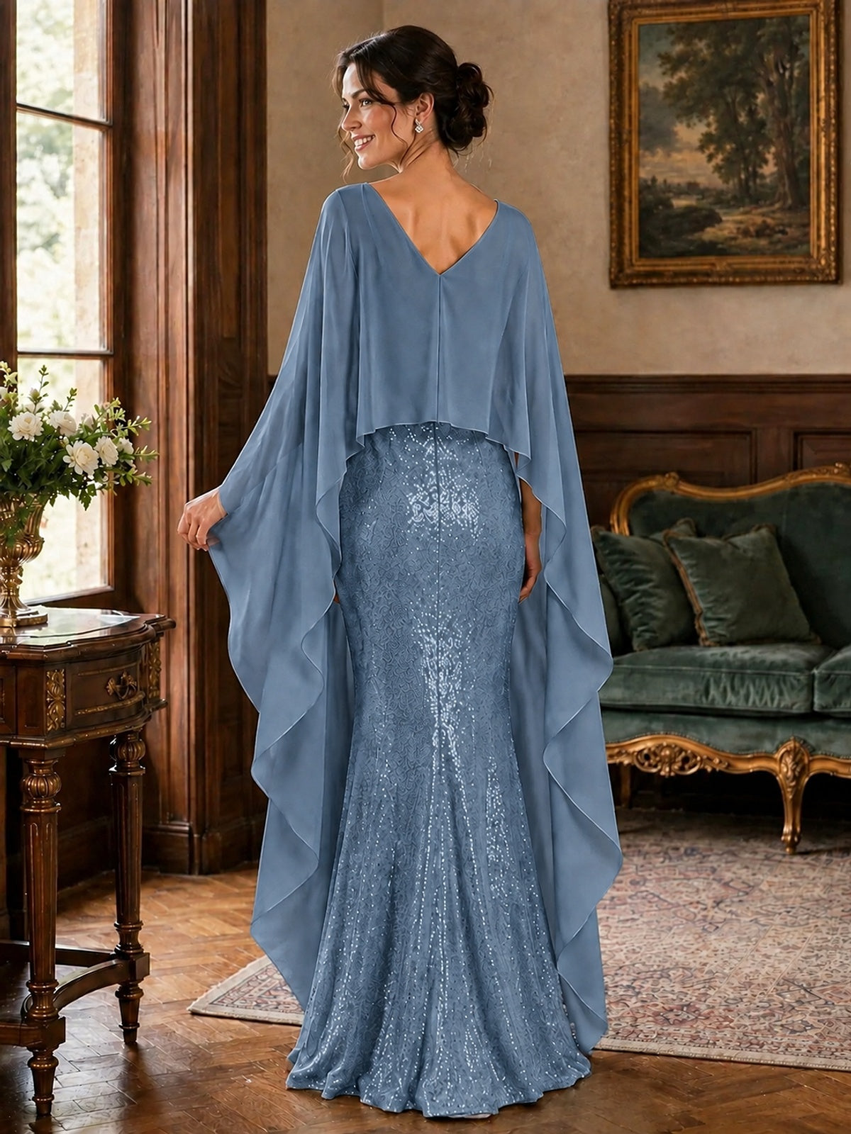 Sequin 2 Pieces Mother of the Bride Dress with Cap Sleeves Chiffon Formal Gowns
