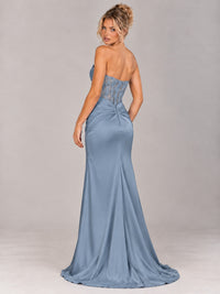 Strapless Satin Prom Dress with Sheer Lace Corset & High Slit