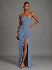 Strapless Bodycon Pleated Chiffon Formal Dress with Slit