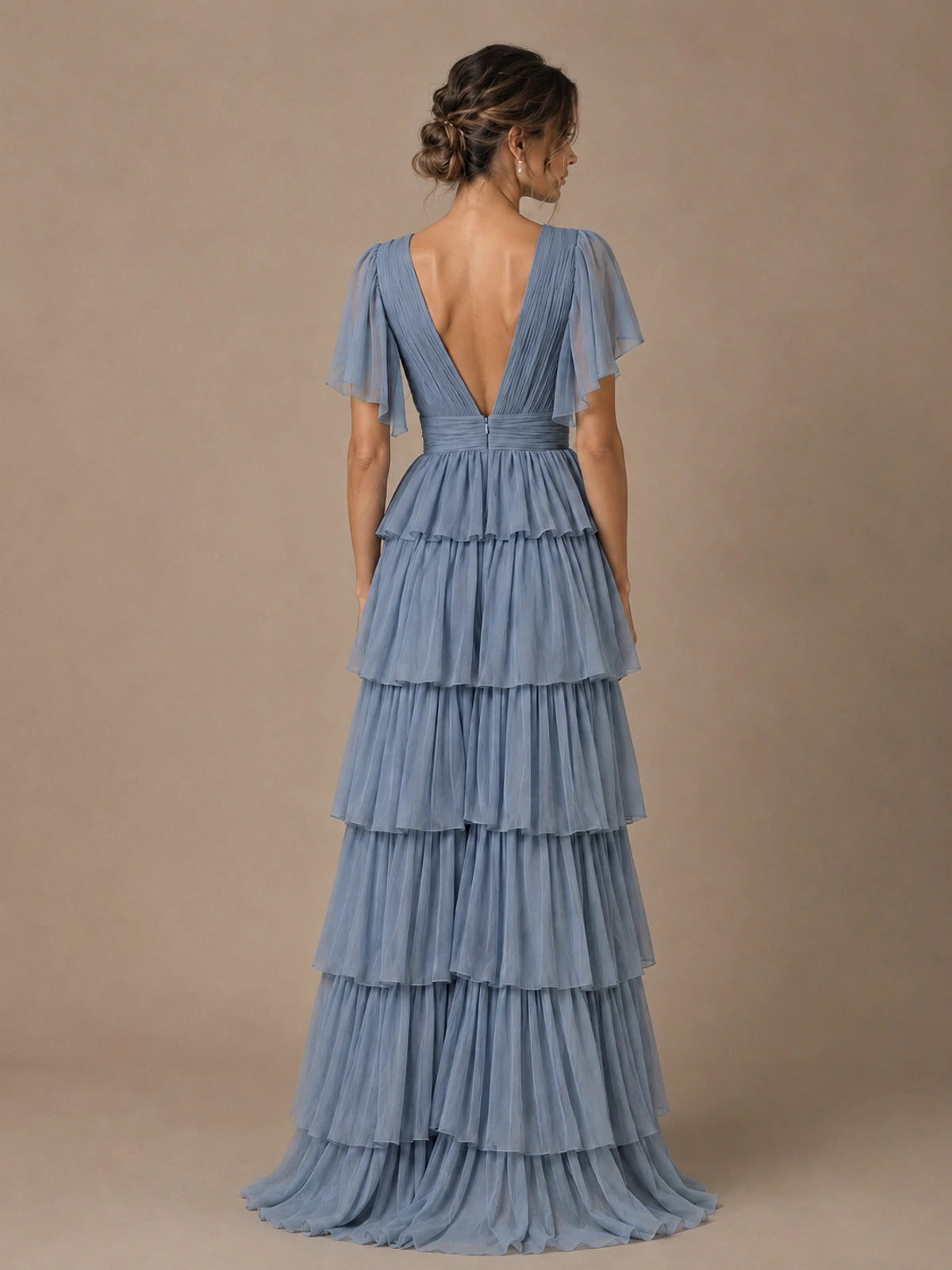 Chiffon V-Neck Tiered Ruffle Bridesmaid Dress with Slit