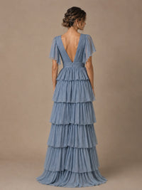 Chiffon V-Neck Tiered Ruffle Bridesmaid Dress with Slit