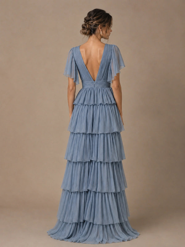Dusty Blue Chiffon V-Neck Tiered Ruffle Bridesmaid Dress with Slit