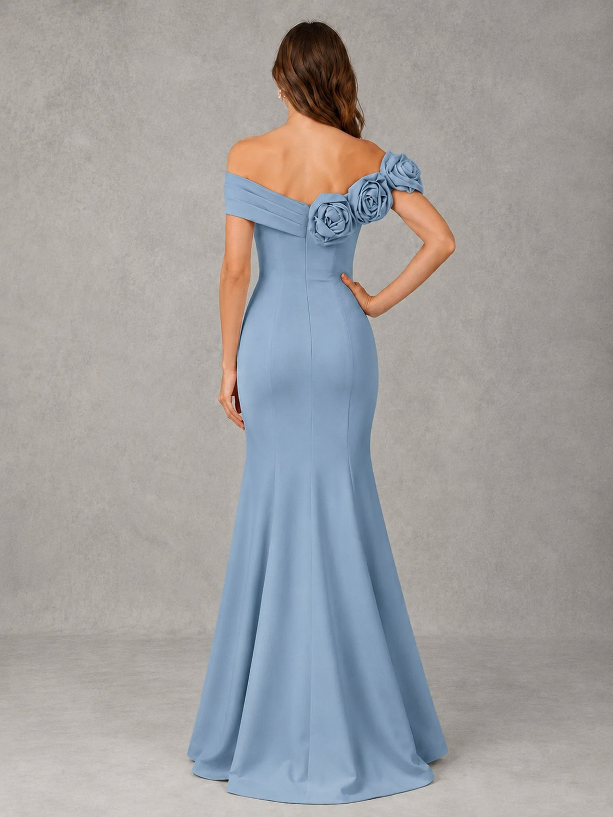 Blush Pink Off Shoulder Mermaid Bridesmaid Dress with Floral Rosette