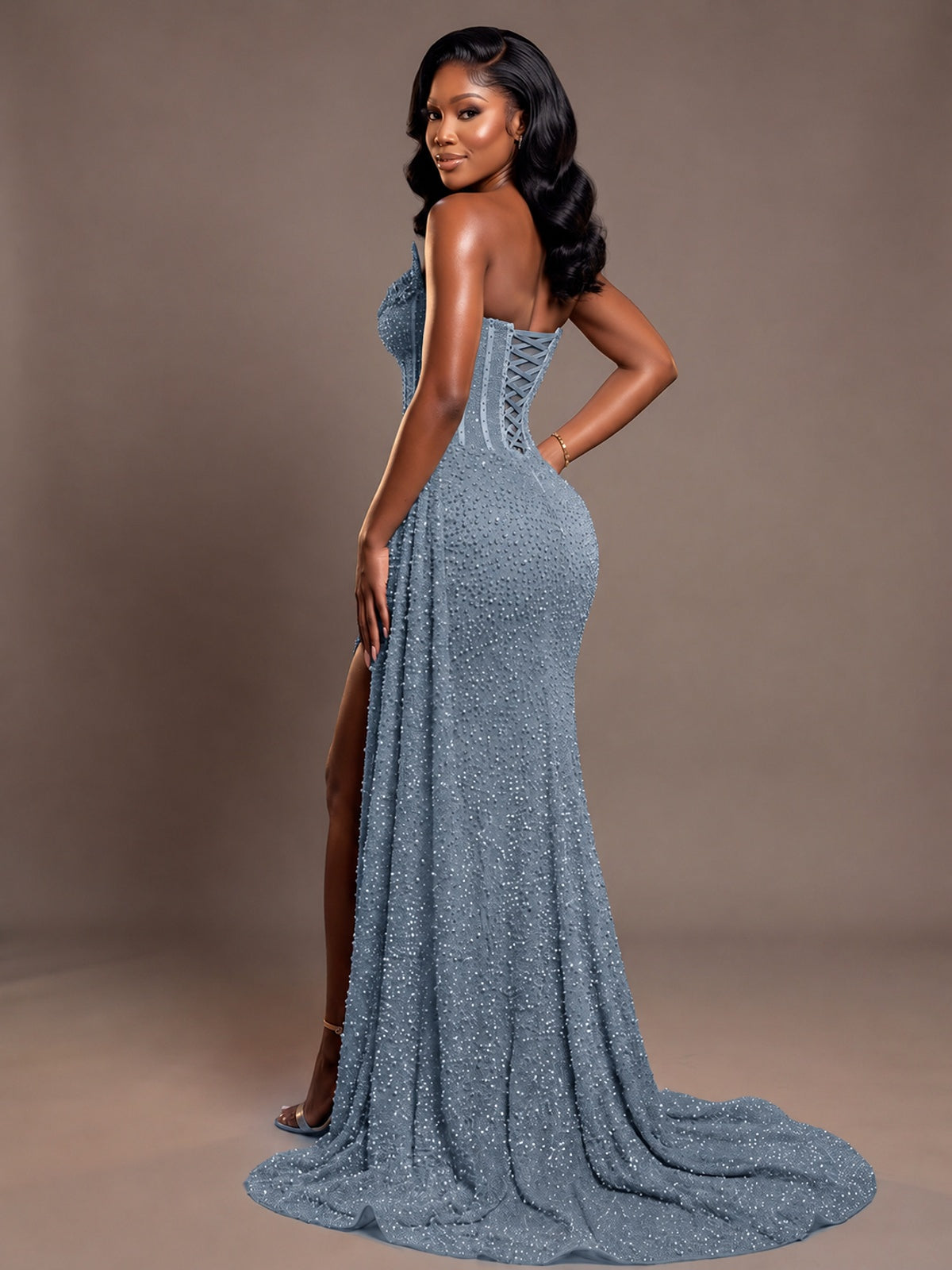Luxury Strapless Sequin Corset Mermaid Prom Dress with High Slit & Train