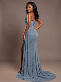 Luxury Strapless Sequin Corset Mermaid Prom Dress with High Slit & Train