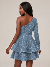 Puffy One Shoulder Sequin Tiered Mini Dress