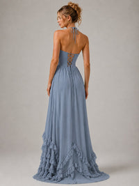 Halter V Neck Chiffon Formal Dress with Lace-Up Back and Ruffle Hem