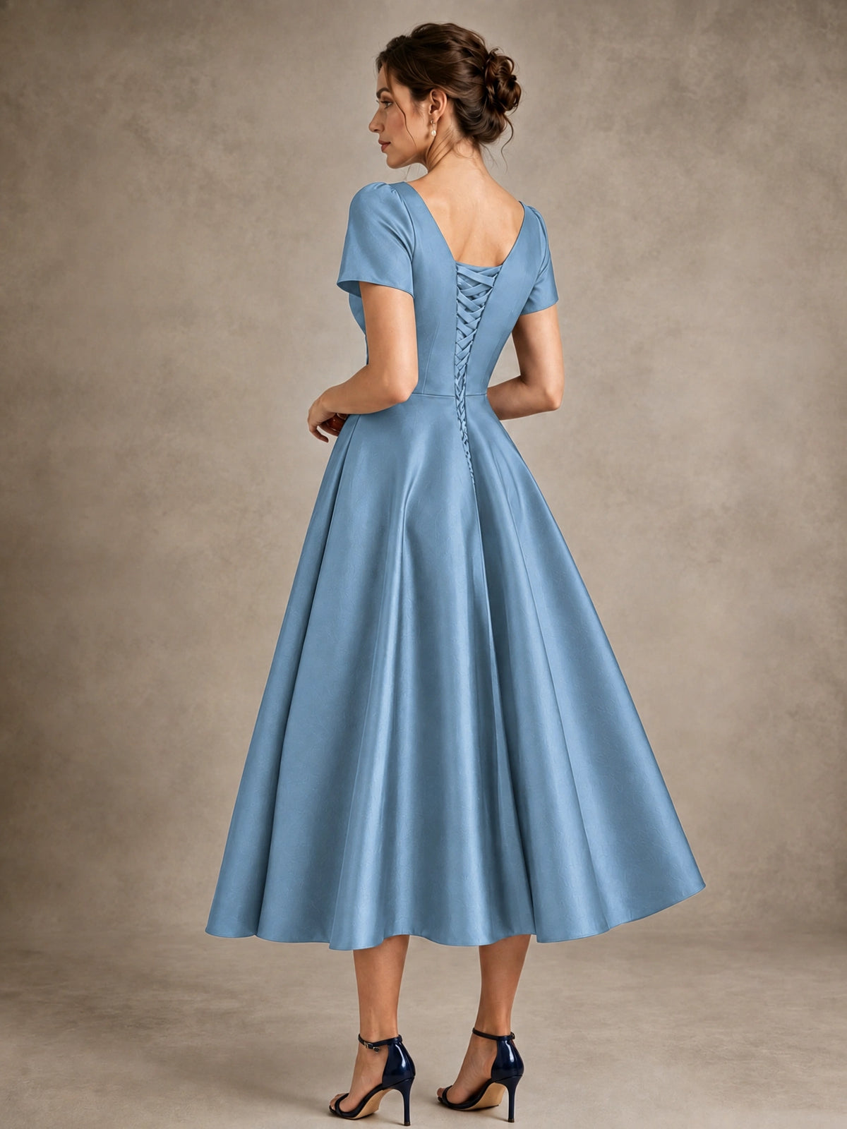 V-Neck Tea-Length Satin Mother of the Bride Dress with Bow