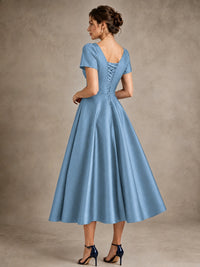 V-Neck Tea-Length Satin Mother of the Bride Dress with Bow