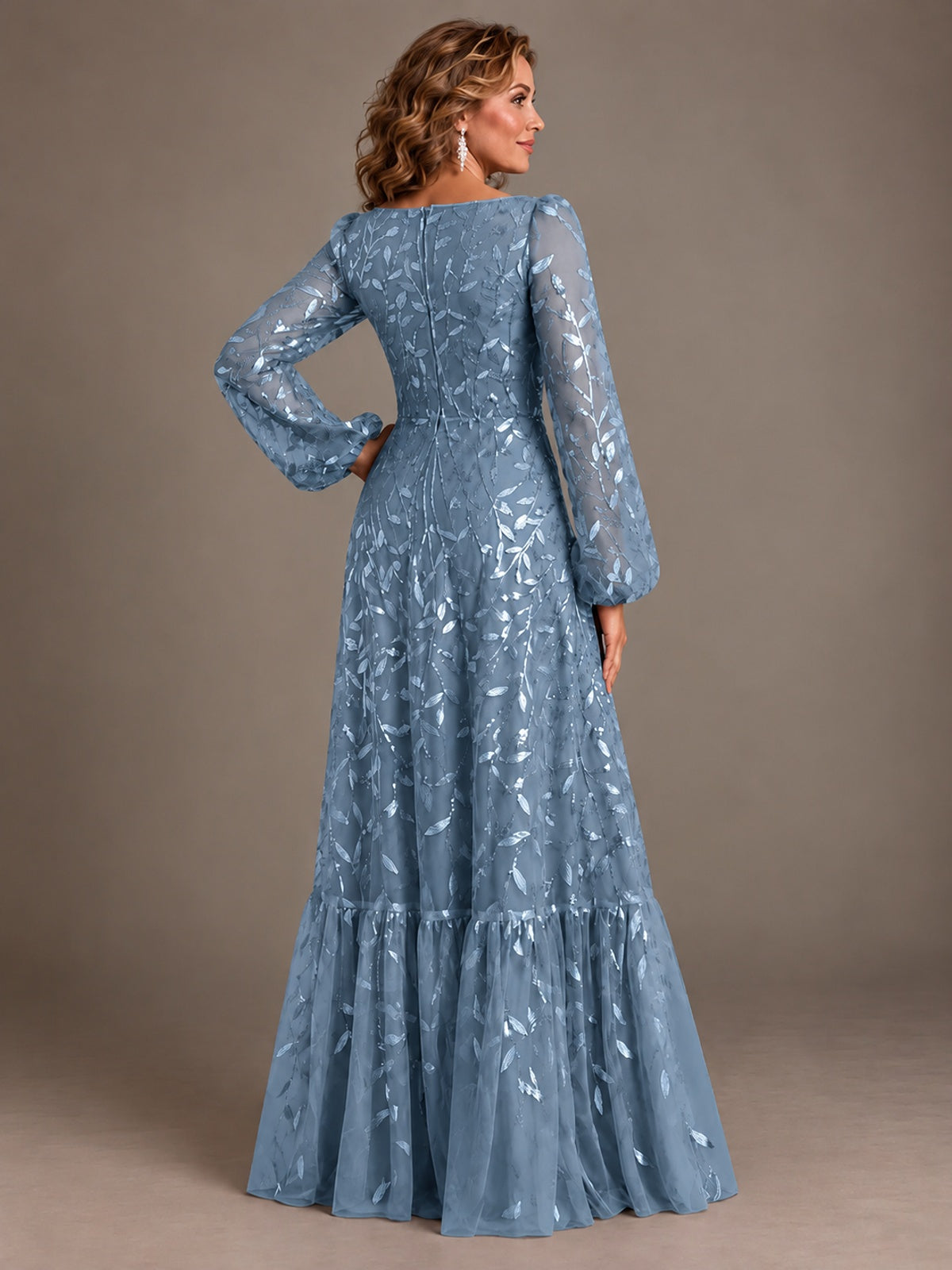 Floral Sequin Embroidered A-Line Mother of the Bride Dress with Long Sleeves
