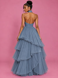 Hot Pink Tulle Halter Neck Tiered Ruffle Maxi Dress