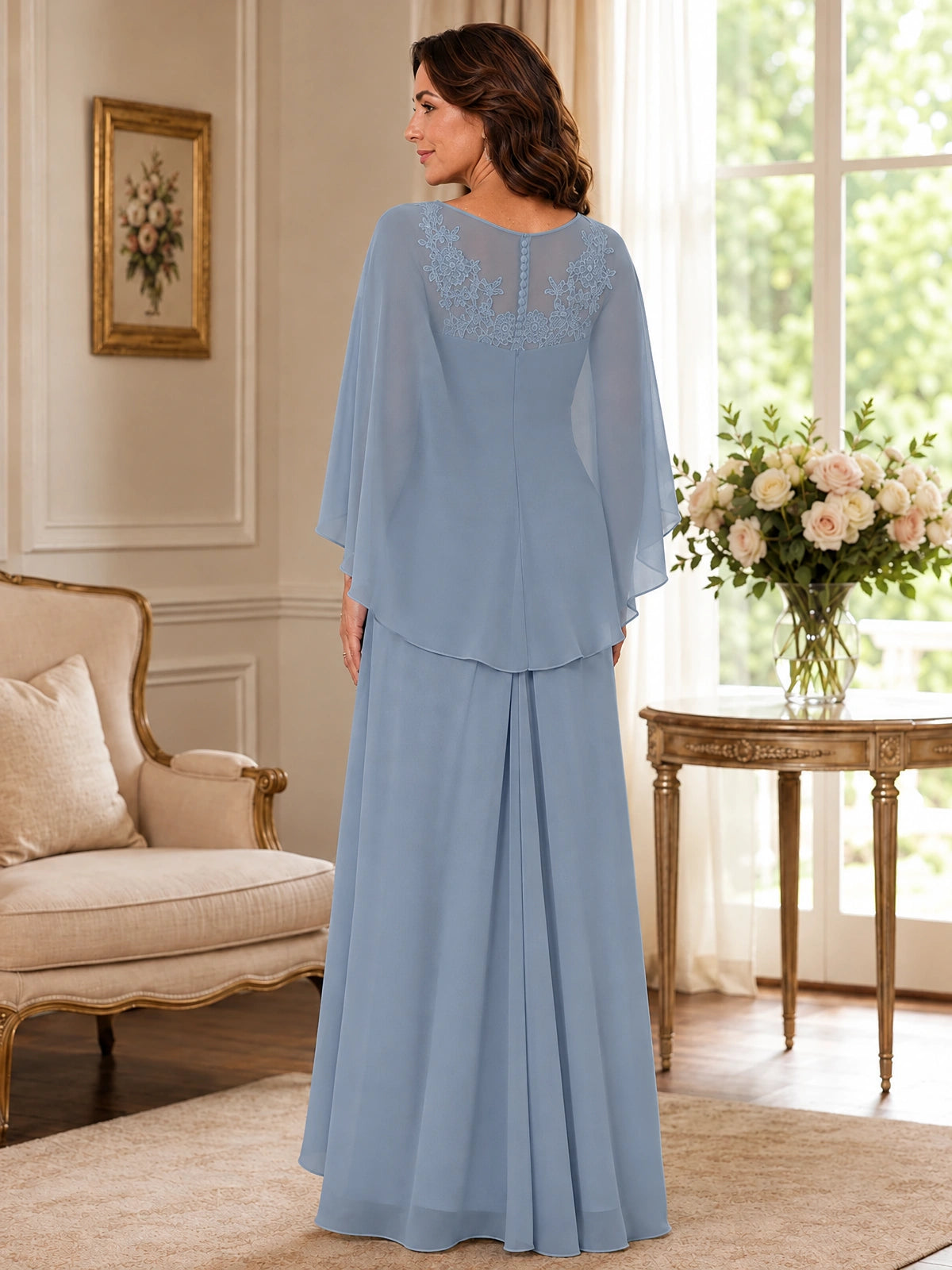 Elegant Chiffon Mother of the Bride Dress with Lace Applique and Cape Sleeves