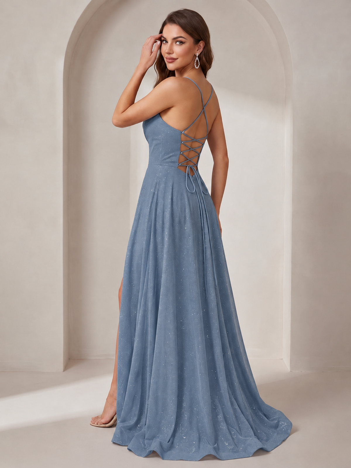 Sparkly Cowl Neck Corset Long Prom Dress with Slit A-line Tulle Ball Gown