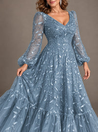 Floral Sequin Embroidered A-Line Mother of the Bride Dress with Long Sleeves