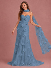 Blush Pink Strapless Sweetheart 3D Floral Tulle Mermaid Prom Dress