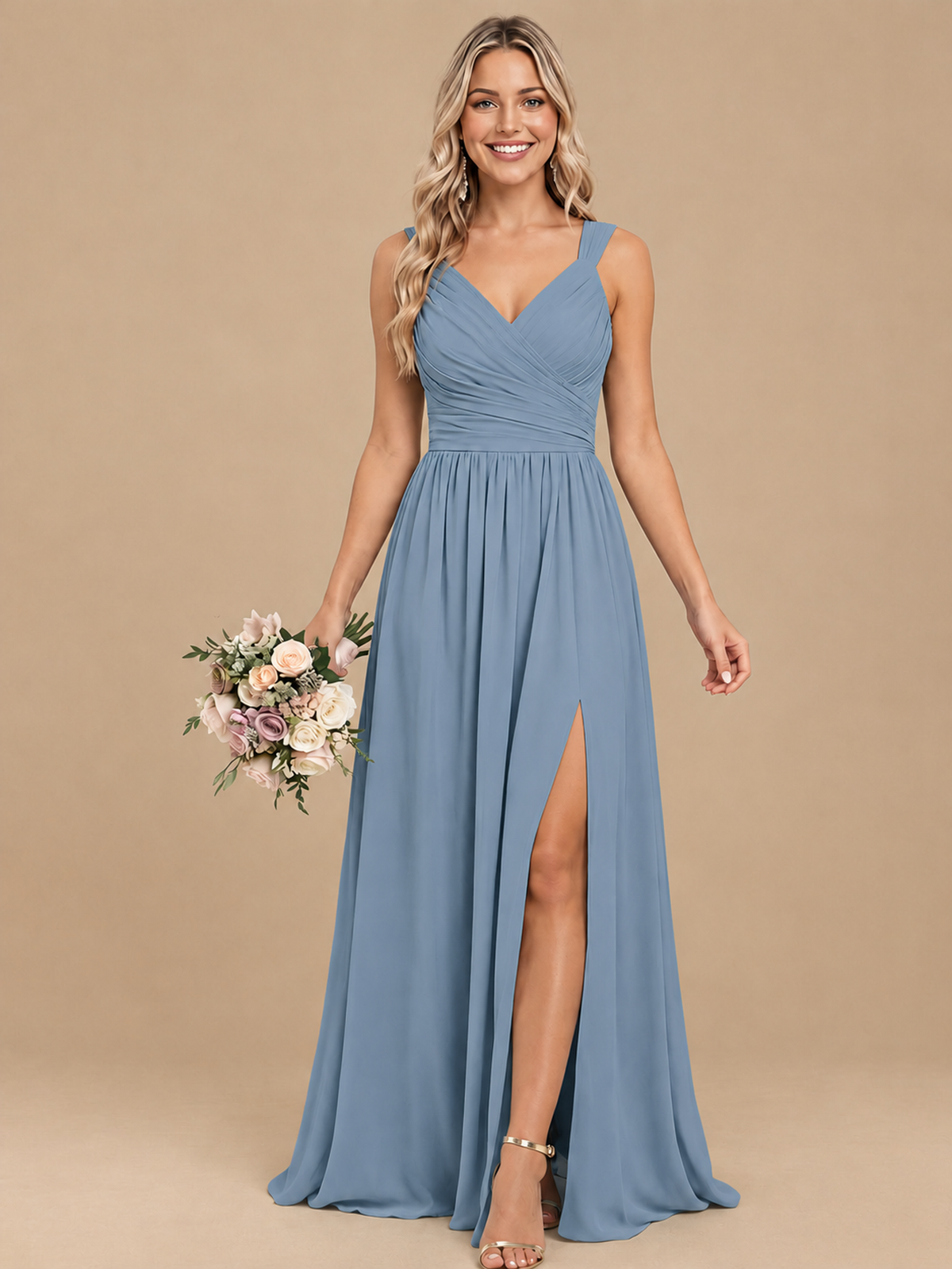 Pleated Chiffon V Neck Wedding Bridesmaid Dresses Floor Length with Slit